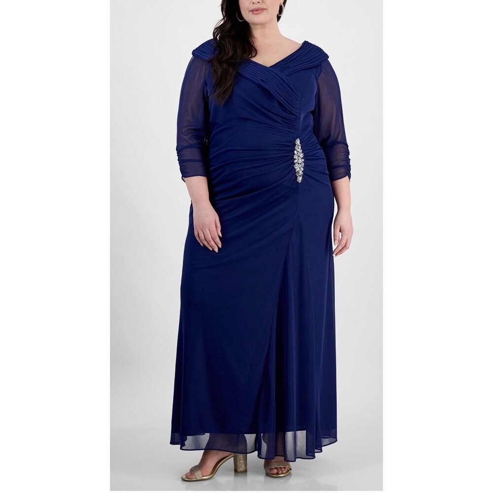 Alex Evenings Plus Size Blue Portrait Collar Side Ruched A-Line Dress  14W
